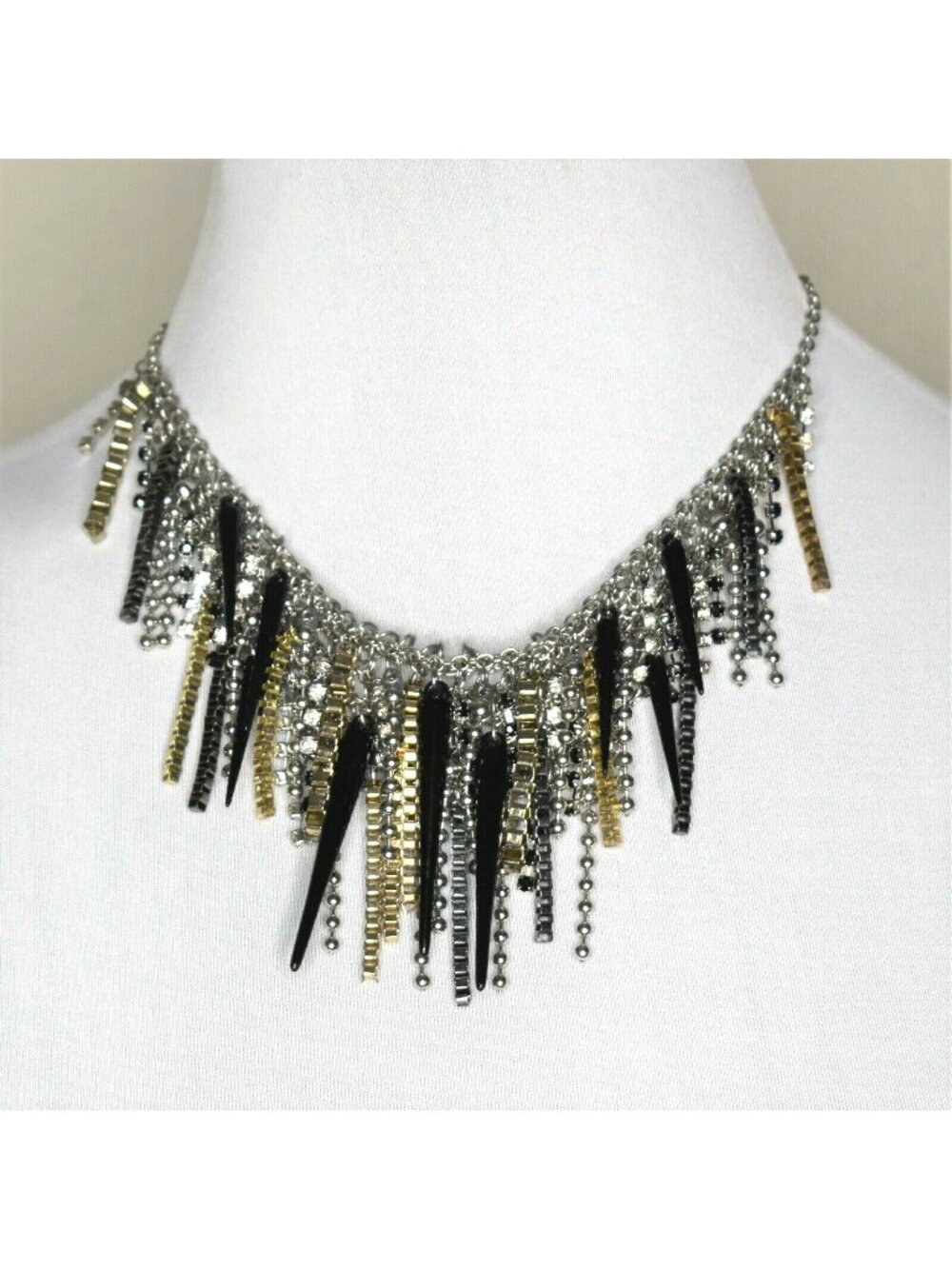 Adia Kibur Statement Necklace Bib Fringe Spikes Chain Rhinestones Collar Choker